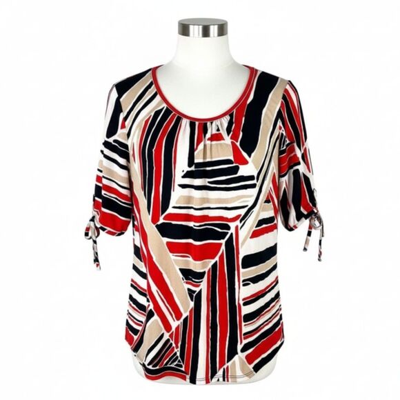 Roz & Ali Abstract Geometric Print Blouse Red Black Cream 3/4 Tie Sleeve Size L - Picture 4 of 13